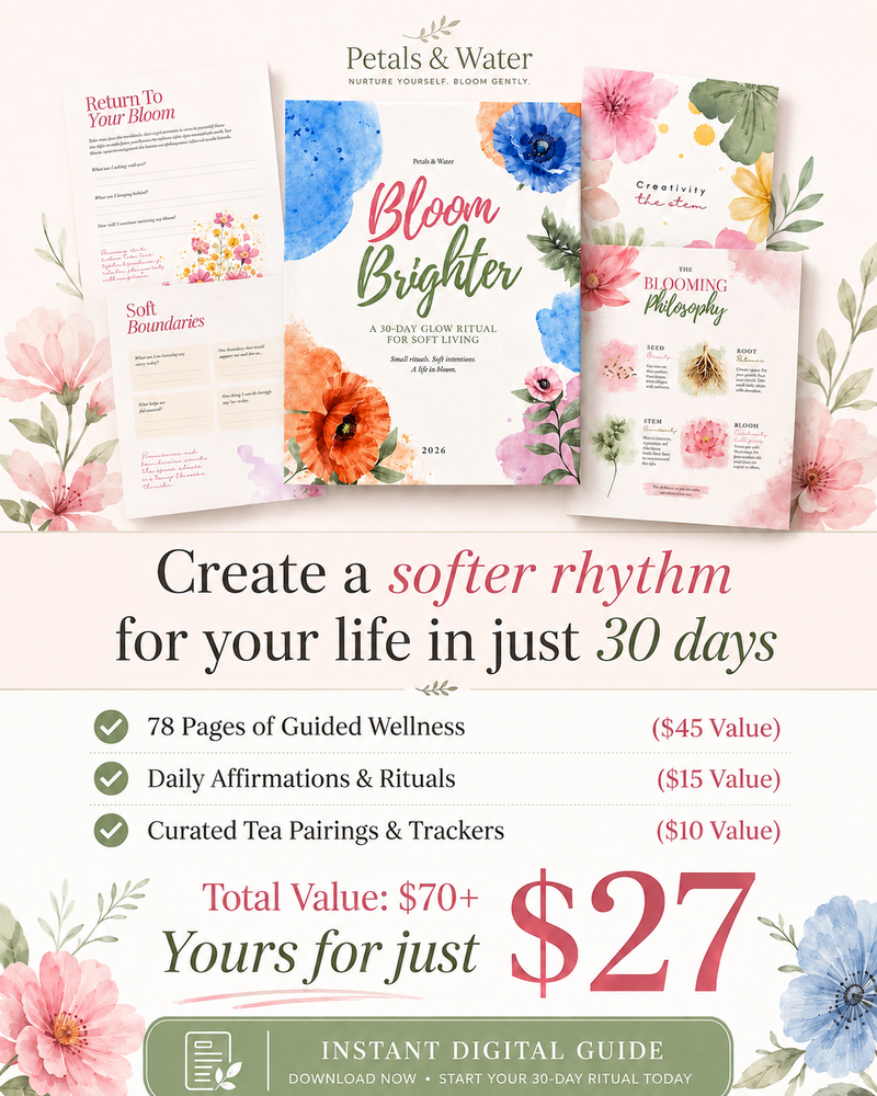 Promotional graphic for a digital guide titled 'Bloom Brighter' by Petals & Water, showing three floral preview pages and text advertising a 30-day digital ritual package for $27.
